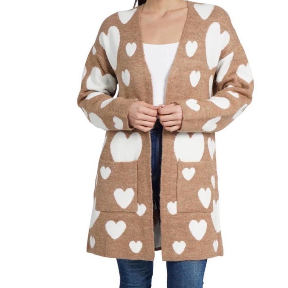 Love Token Tan and White Heart Cardigan Sz Small